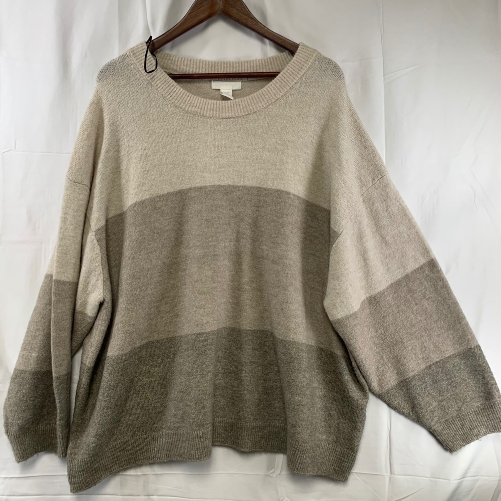 H&M Pullover Sweater Womens XXL Beige Colorblock Oversized Crew Neck Long Sleeve